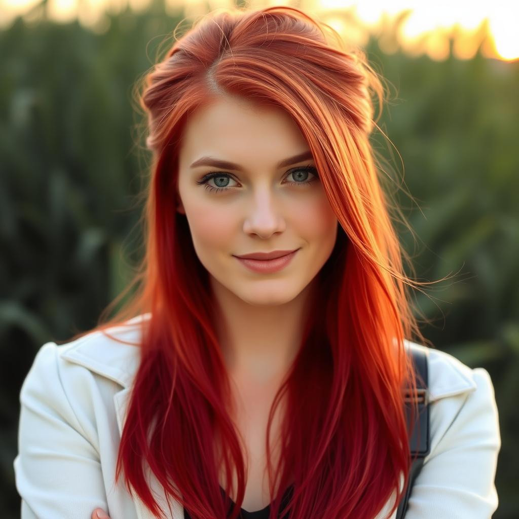 A 25-year-old Slavic woman with striking red hair, facing forward, dressed in stylish contemporary clothing