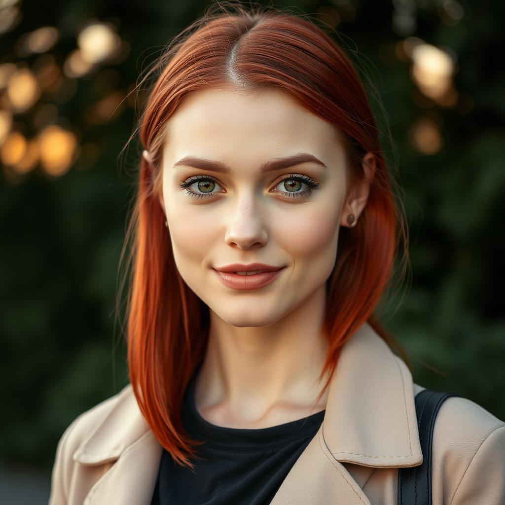 A 25-year-old Slavic woman with striking red hair, facing forward, dressed in stylish contemporary clothing