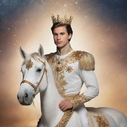 Create an image of a handsome prince named Monoceros Caeli, in regal attire, with a majestic unicorn-themed crown, standing in a serene celestial environment.