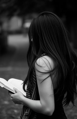 A captivating black and white photograph of a woman with her back to the camera