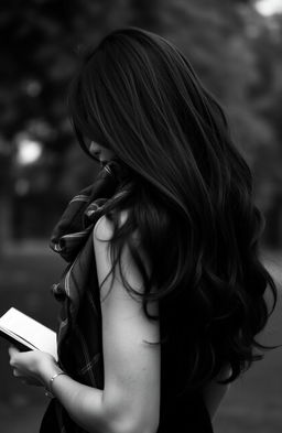 A captivating black and white photograph of a woman with her back to the camera