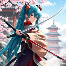 A stunning representation of Hatsune Miku dressed in a traditional samurai outfit, blending her futuristic style with ancient warrior aesthetics