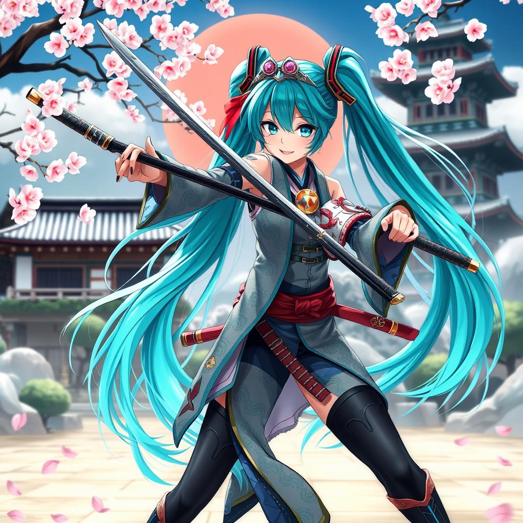 A stunning representation of Hatsune Miku dressed in a traditional samurai outfit, blending her futuristic style with ancient warrior aesthetics