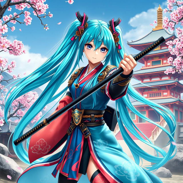 A stunning representation of Hatsune Miku dressed in a traditional samurai outfit, blending her futuristic style with ancient warrior aesthetics