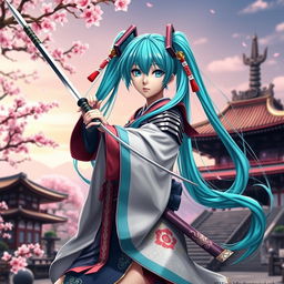 A stunning representation of Hatsune Miku dressed in a traditional samurai outfit, blending her futuristic style with ancient warrior aesthetics