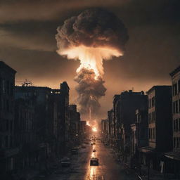 A chilling scene in a once-bustling cityscape, as a nuclear bomb detonates on the horizon. The city is engulfed in a blinding light as buildings silhouette against the nuclear glow, a stark symbol of destructive power.