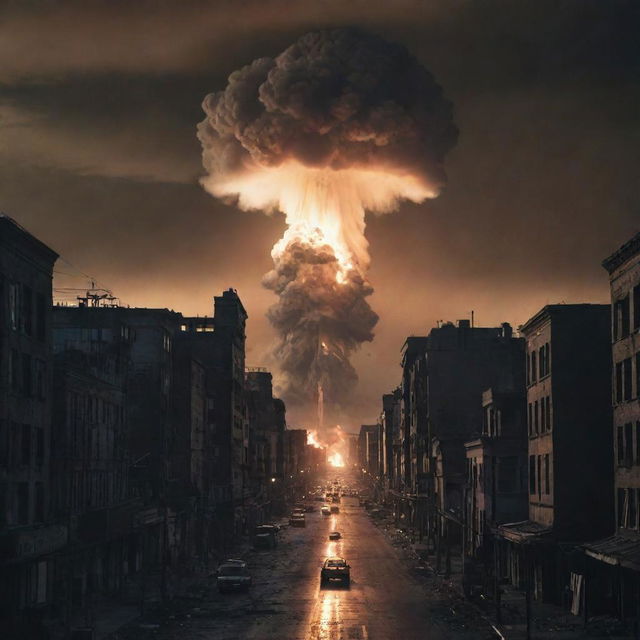 A chilling scene in a once-bustling cityscape, as a nuclear bomb detonates on the horizon. The city is engulfed in a blinding light as buildings silhouette against the nuclear glow, a stark symbol of destructive power.