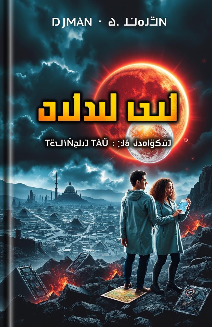 A dramatic and eye-catching book cover for a science fiction novel titled 'প্রলয়ের প্রান্তে নতুন সূচনা' which translates to 'A New Beginning at the Edge of Destruction'