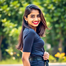 A full-body portrait of a young Indian girl with Tamil features, showcasing her confidence and beauty