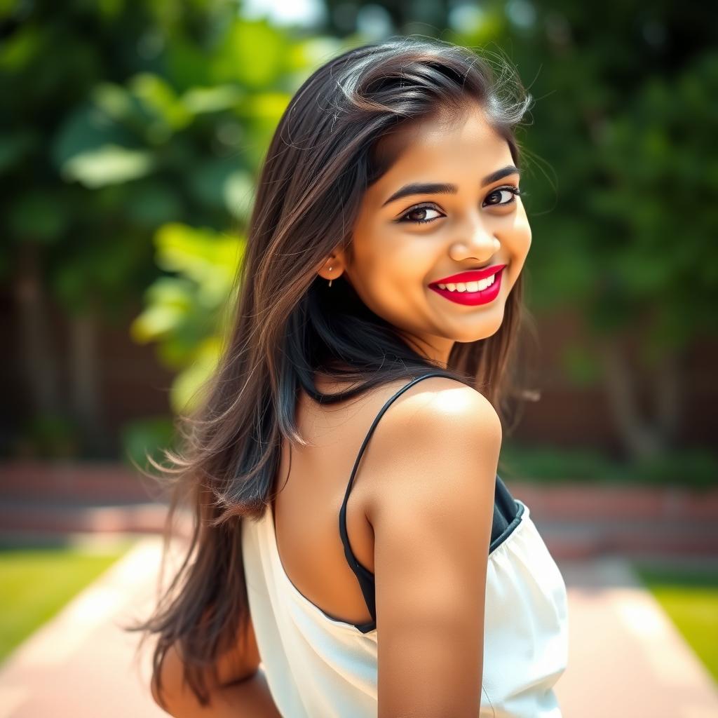 A full-body portrait of a young Indian girl with Tamil features, showcasing her confidence and beauty