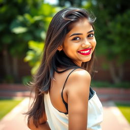 A full-body portrait of a young Indian girl with Tamil features, showcasing her confidence and beauty