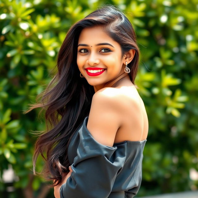 A full-body portrait of a young Indian girl with Tamil features, showcasing her confidence and beauty