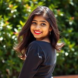 A full-body portrait of a young Indian girl with Tamil features, showcasing her confidence and beauty