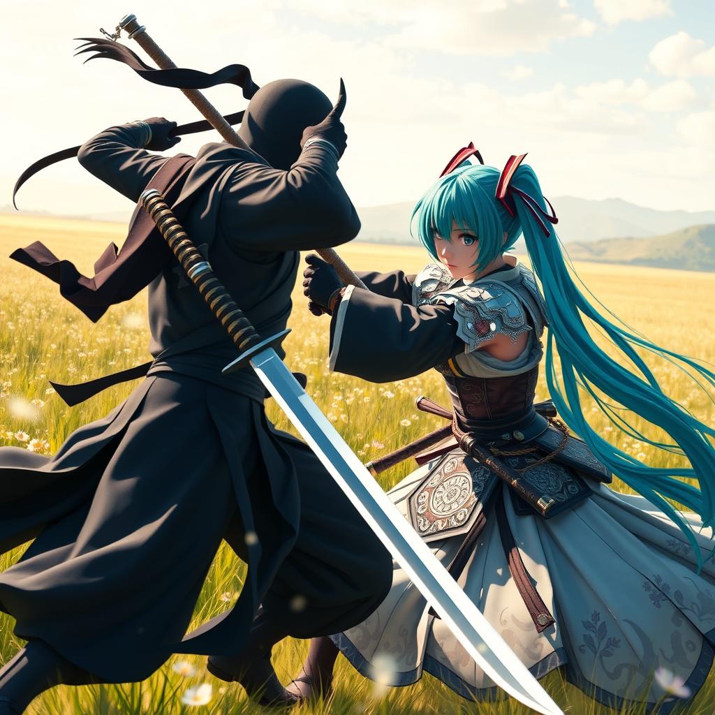 An action-packed scene featuring Hatsune Miku in her formidable samurai form, engaging in an epic battle with a ninja in an open field