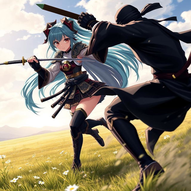 An action-packed scene featuring Hatsune Miku in her formidable samurai form, engaging in an epic battle with a ninja in an open field