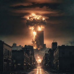 A chilling scene in a once-bustling cityscape, as a nuclear bomb detonates on the horizon. The city is engulfed in a blinding light as buildings silhouette against the nuclear glow, a stark symbol of destructive power.