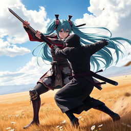 An action-packed scene featuring Hatsune Miku in her formidable samurai form, engaging in an epic battle with a ninja in an open field