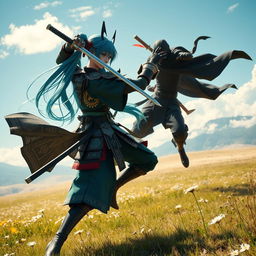 An action-packed scene featuring Hatsune Miku in her formidable samurai form, engaging in an epic battle with a ninja in an open field