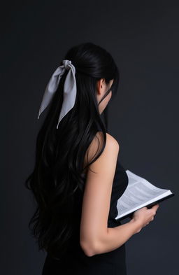 A woman standing with her back to the camera, showcasing long, flowing black hair