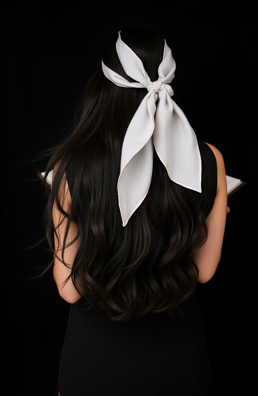 A woman standing with her back to the camera, showcasing long, flowing black hair