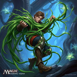 A dynamic illustration inspired by Magic: The Gathering, featuring Tangle Grass with long, twisting tendrils wrapping tightly around a person's legs, effectively constricting and immobilizing him