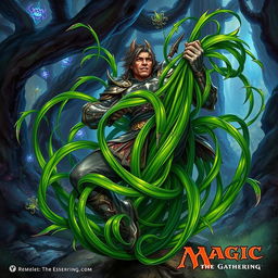 A dynamic illustration inspired by Magic: The Gathering, featuring Tangle Grass with long, twisting tendrils wrapping tightly around a person's legs, effectively constricting and immobilizing him