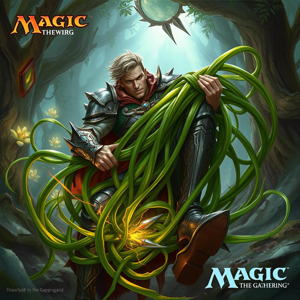 A dynamic illustration inspired by Magic: The Gathering, featuring Tangle Grass with long, twisting tendrils wrapping tightly around a person's legs, effectively constricting and immobilizing him