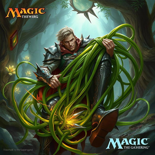 A dynamic illustration inspired by Magic: The Gathering, featuring Tangle Grass with long, twisting tendrils wrapping tightly around a person's legs, effectively constricting and immobilizing him