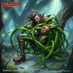 A dynamic illustration inspired by Magic: The Gathering, featuring Tangle Grass with long, twisting tendrils wrapping tightly around a person's legs, effectively constricting and immobilizing him