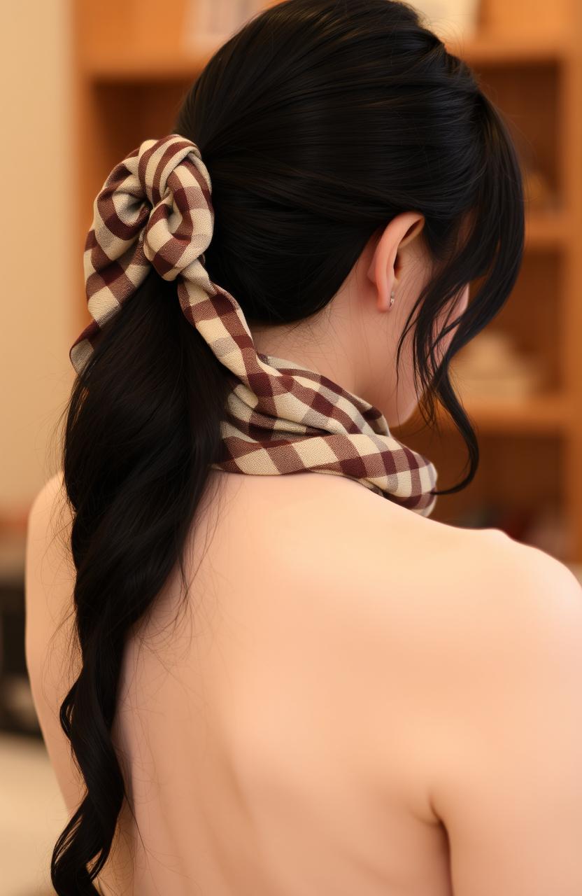 A woman with her back to the camera, showcasing long black hair styled elegantly