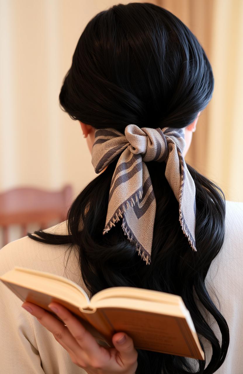 A woman with her back to the camera, showcasing long black hair styled elegantly