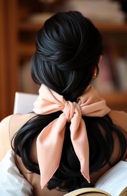 A woman with her back to the camera, showcasing long black hair styled elegantly