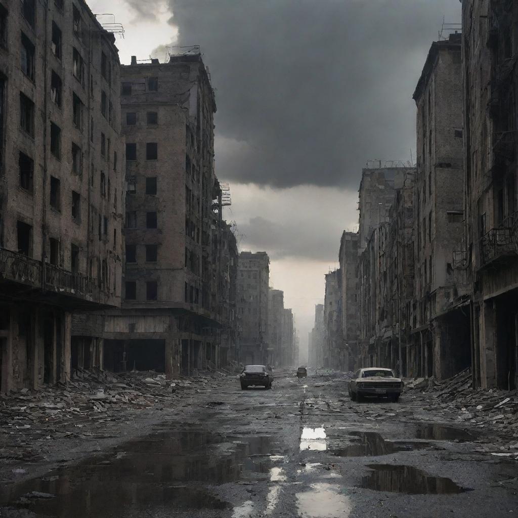 A haunting post-apocalyptic cityscape in the aftermath of a nuclear explosion, now a desolate and forsaken place. The once vibrant city is eerily silent, the streets empty, a chilling testament to the destructive force the city has endured.