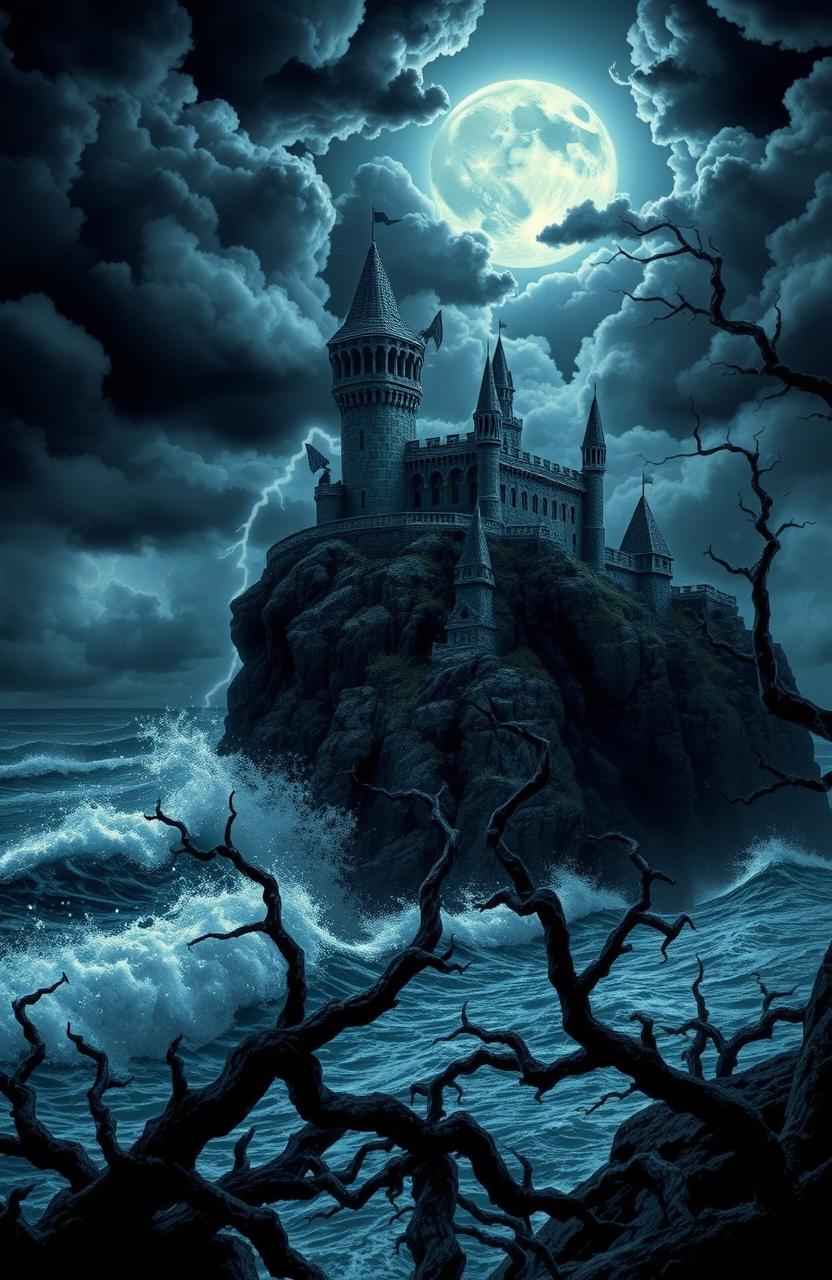 A dark and moody scene featuring a gothic castle on a cliff, surrounded by ominous storm clouds and a full moon casting an eerie glow