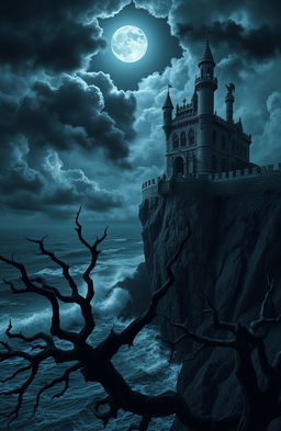 A dark and moody scene featuring a gothic castle on a cliff, surrounded by ominous storm clouds and a full moon casting an eerie glow