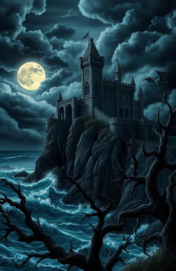 A dark and moody scene featuring a gothic castle on a cliff, surrounded by ominous storm clouds and a full moon casting an eerie glow