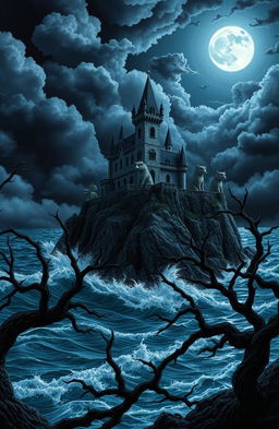 A dark and moody scene featuring a gothic castle on a cliff, surrounded by ominous storm clouds and a full moon casting an eerie glow