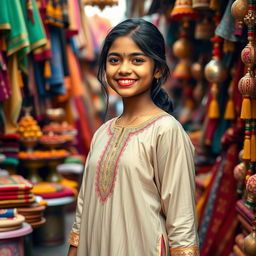 A full-body portrait of a 16-year-old Indian Tamil girl with a warm smile, displaying a dimple on her cheek