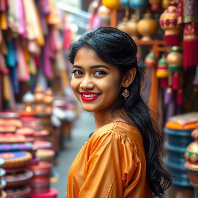 A full-body portrait of a 16-year-old Indian Tamil girl with a warm smile, displaying a dimple on her cheek