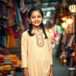 A full-body portrait of a 16-year-old Indian Tamil girl with a warm smile, displaying a dimple on her cheek