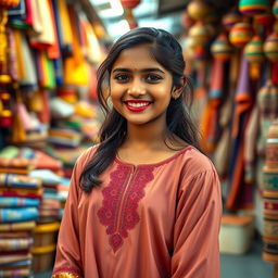 A full-body portrait of a 16-year-old Indian Tamil girl with a warm smile, displaying a dimple on her cheek