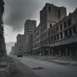 A haunting post-apocalyptic cityscape in the aftermath of a nuclear explosion, now a desolate and forsaken place. The once vibrant city is eerily silent, the streets empty, a chilling testament to the destructive force the city has endured.