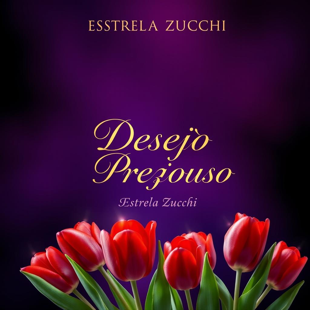 A captivating book cover for 'Desejo Precioso' by Estrela Zucchi, featuring vibrant red tulips prominently displayed