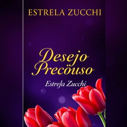 A captivating book cover for 'Desejo Precioso' by Estrela Zucchi, featuring vibrant red tulips prominently displayed