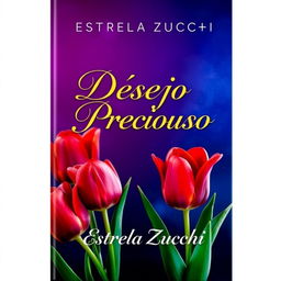 A captivating book cover for 'Desejo Precioso' by Estrela Zucchi, featuring vibrant red tulips prominently displayed