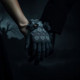 A dark and moody scene featuring only the hands of a woman and a man dressed in elegant gloves, entwined in a dramatic gesture