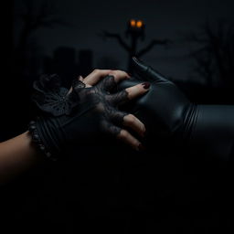 A dark and moody scene featuring only the hands of a woman and a man dressed in elegant gloves, entwined in a dramatic gesture