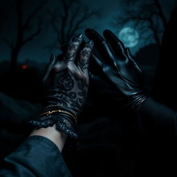 A dark and moody scene featuring only the hands of a woman and a man dressed in elegant gloves, entwined in a dramatic gesture