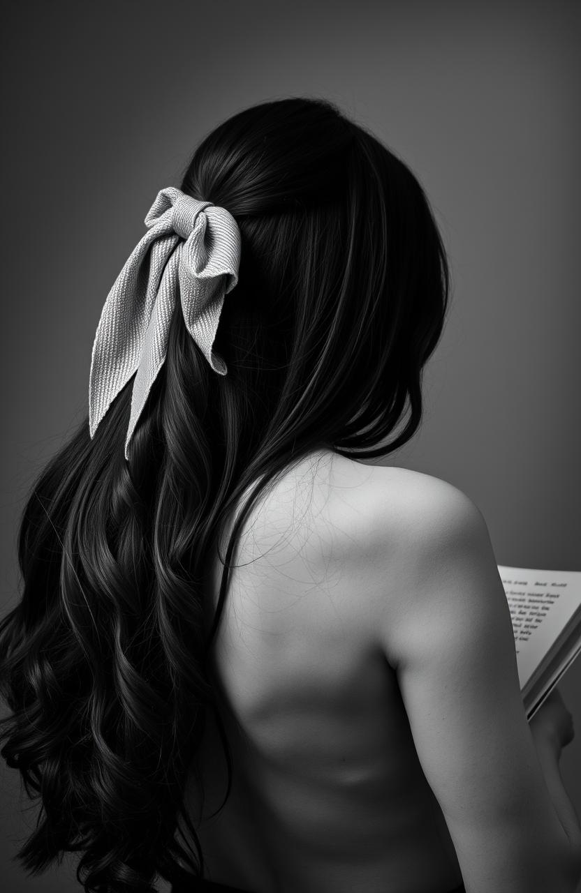 A striking black and white photograph of a woman with her back facing the camera