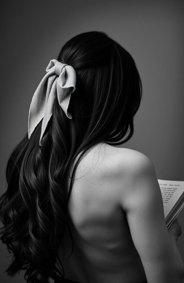 A striking black and white photograph of a woman with her back facing the camera